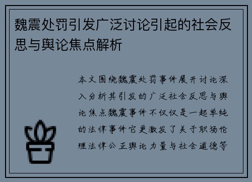 魏震处罚引发广泛讨论引起的社会反思与舆论焦点解析